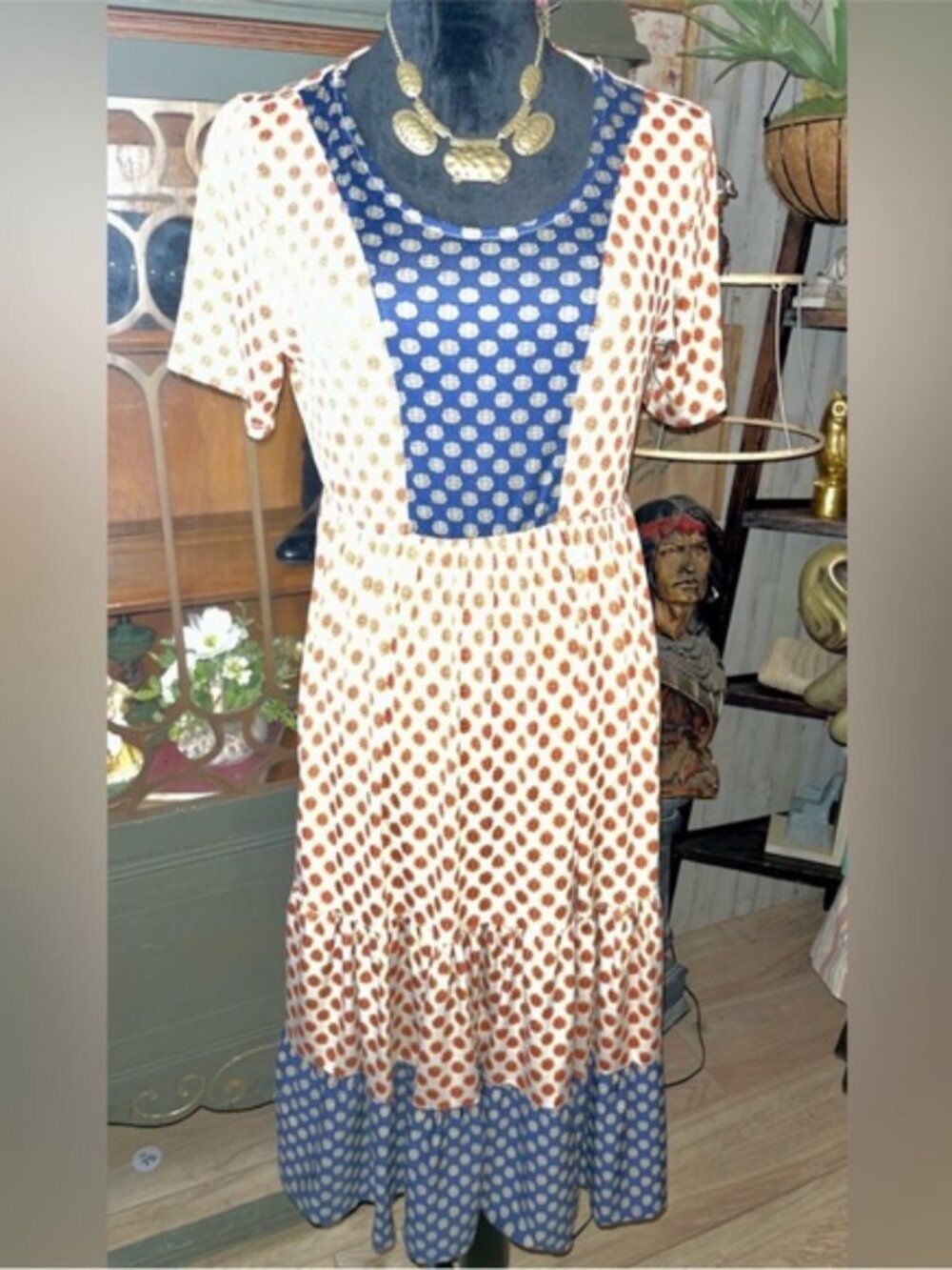 Blue and Cream Polka Dot Short-Sleeve Midi Dress
